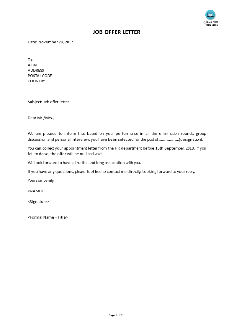 Job Offer Letter Sample Templates At Allbusinesstemplates