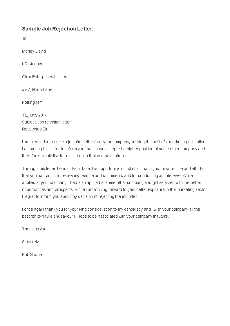Rejection Letter For Job Application Templates At
