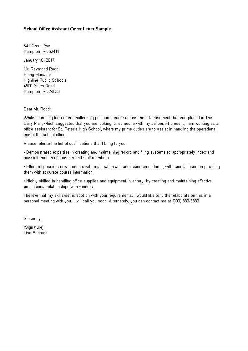 School Office Assistant Cover Letter Templates At
