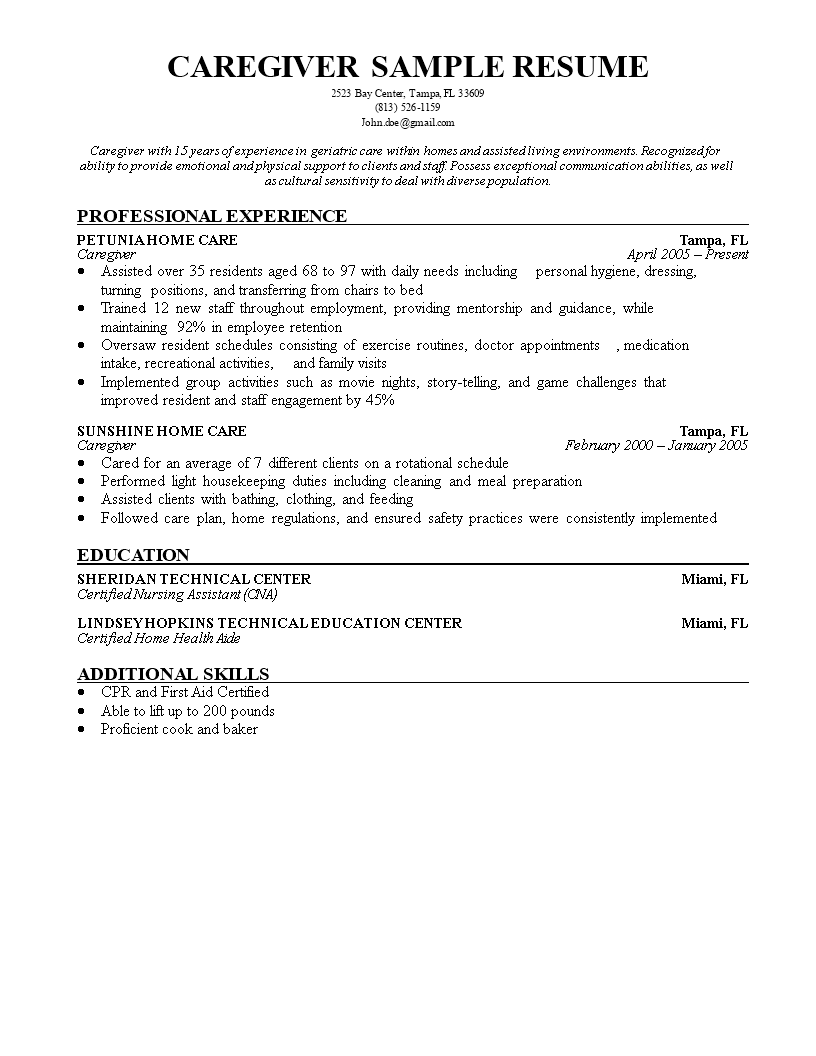 example of resume letter for caregiver
