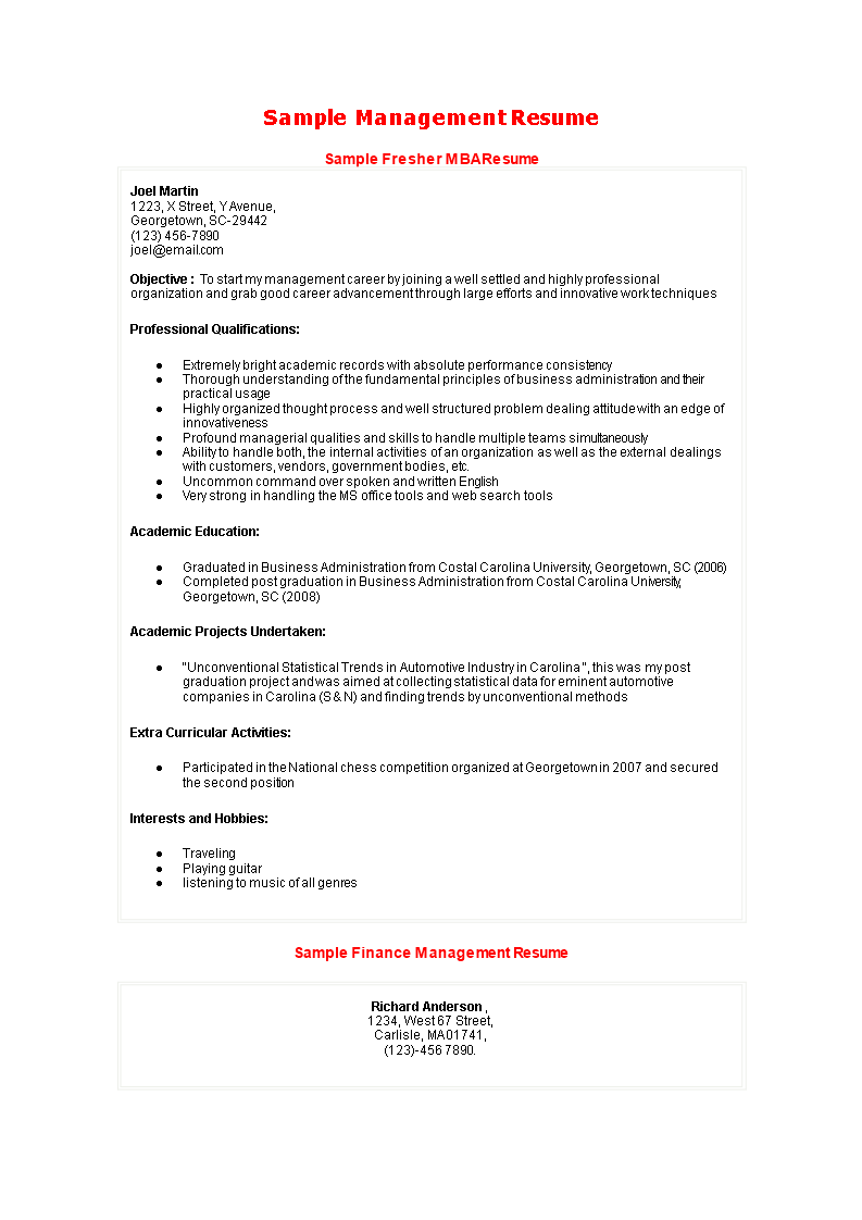 MBA Fresher Resume example main image