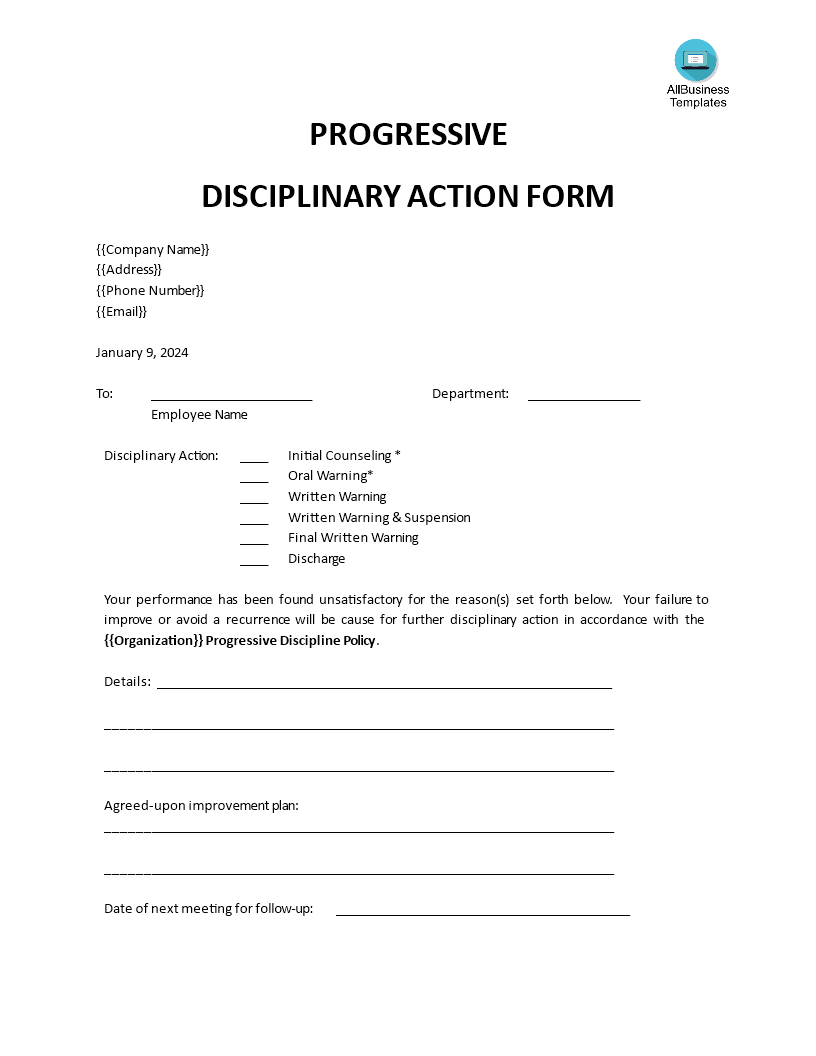 Progressive Disciplinary Action Form | Templates at ...