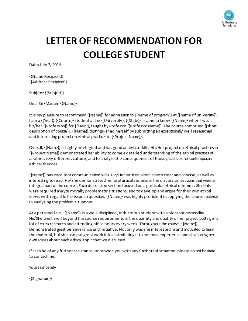 letter of recommendation for exceptional candidate college student modèles