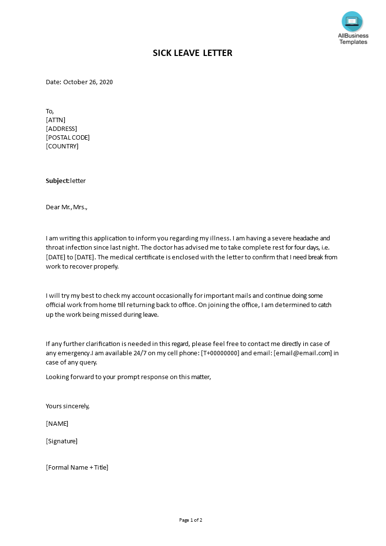 Continuous Sick Leave Letter Templates At Allbusinesstemplates