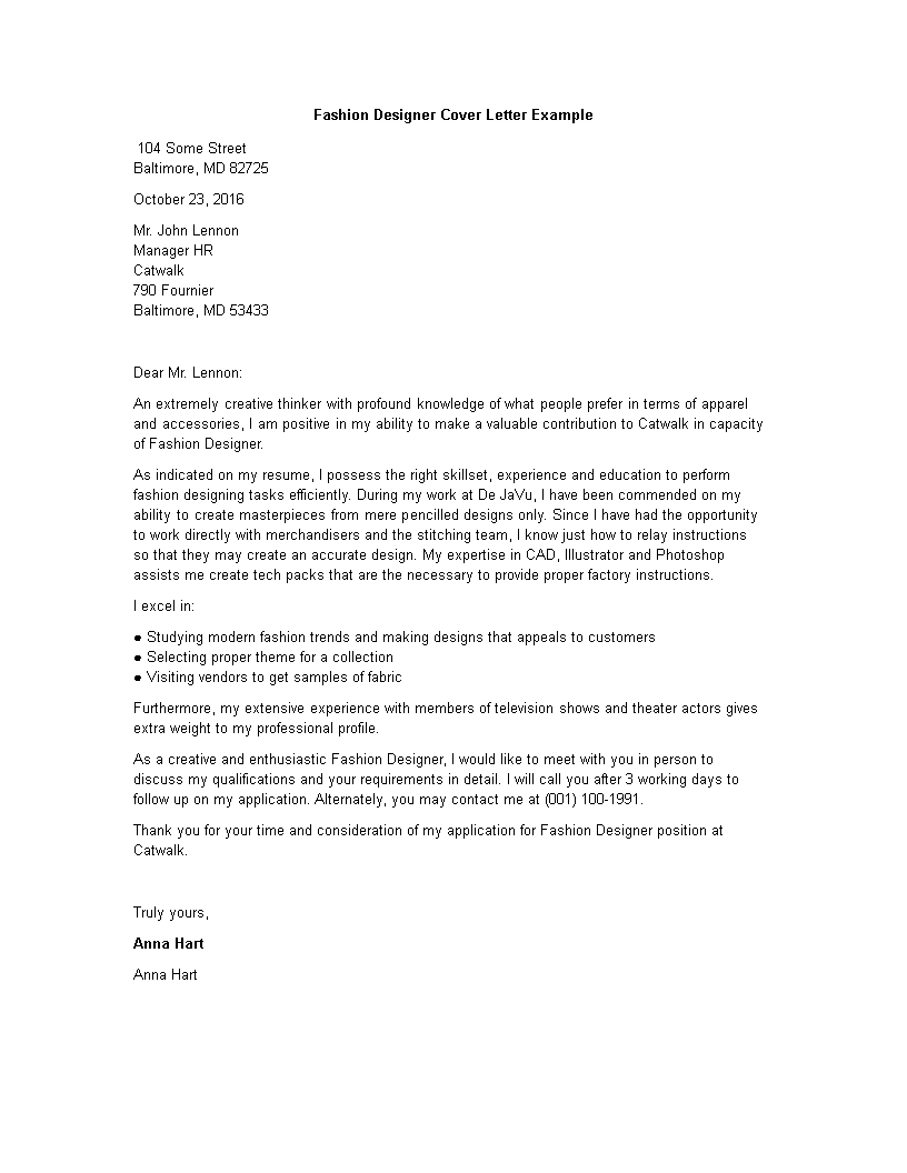 cover letter to a fashion company
