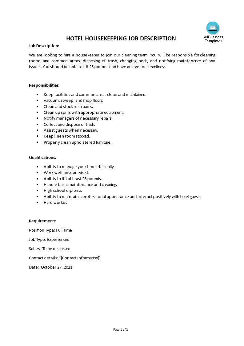 Gratis Hotel Housekeeping Job Description