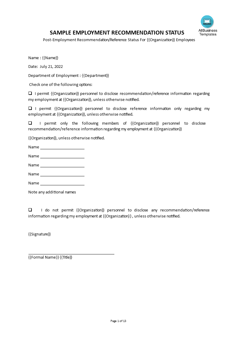 post employment recommendation template