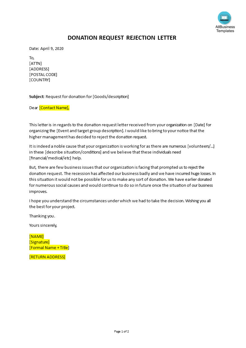 donation request rejection letter voorbeeld afbeelding 