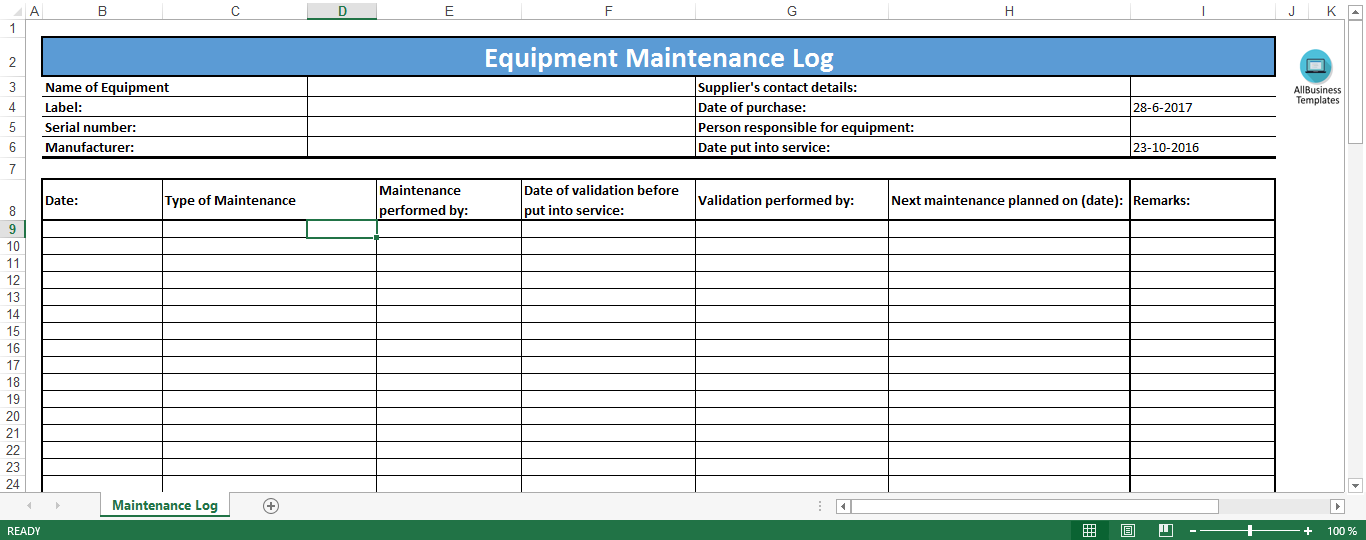 Printable Templates Free Maintenance Log