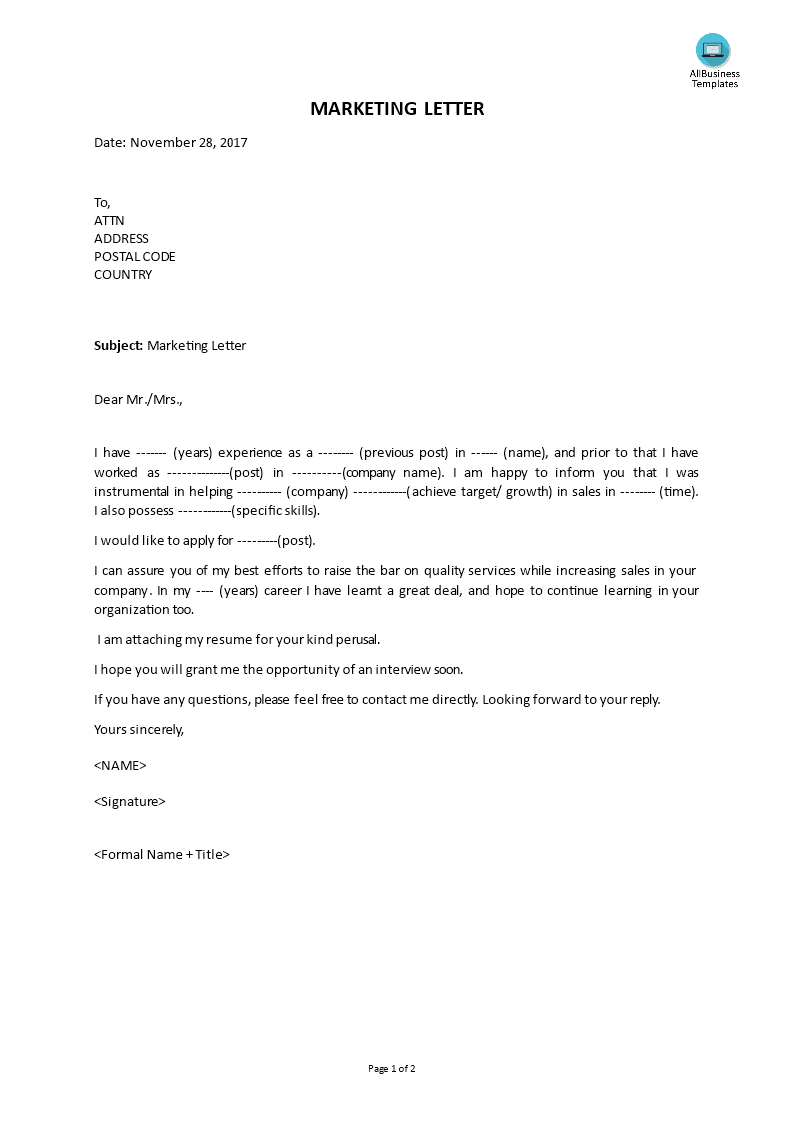 Business Marketing Letter Templates