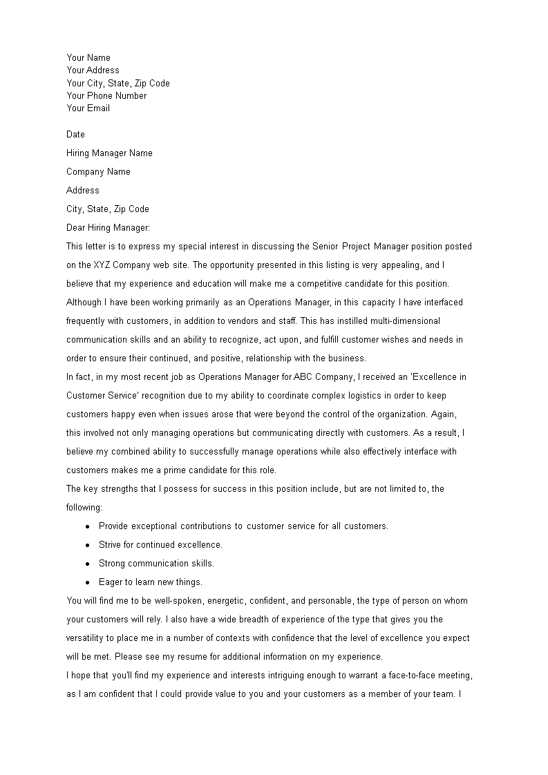 sample cover letter for project management position