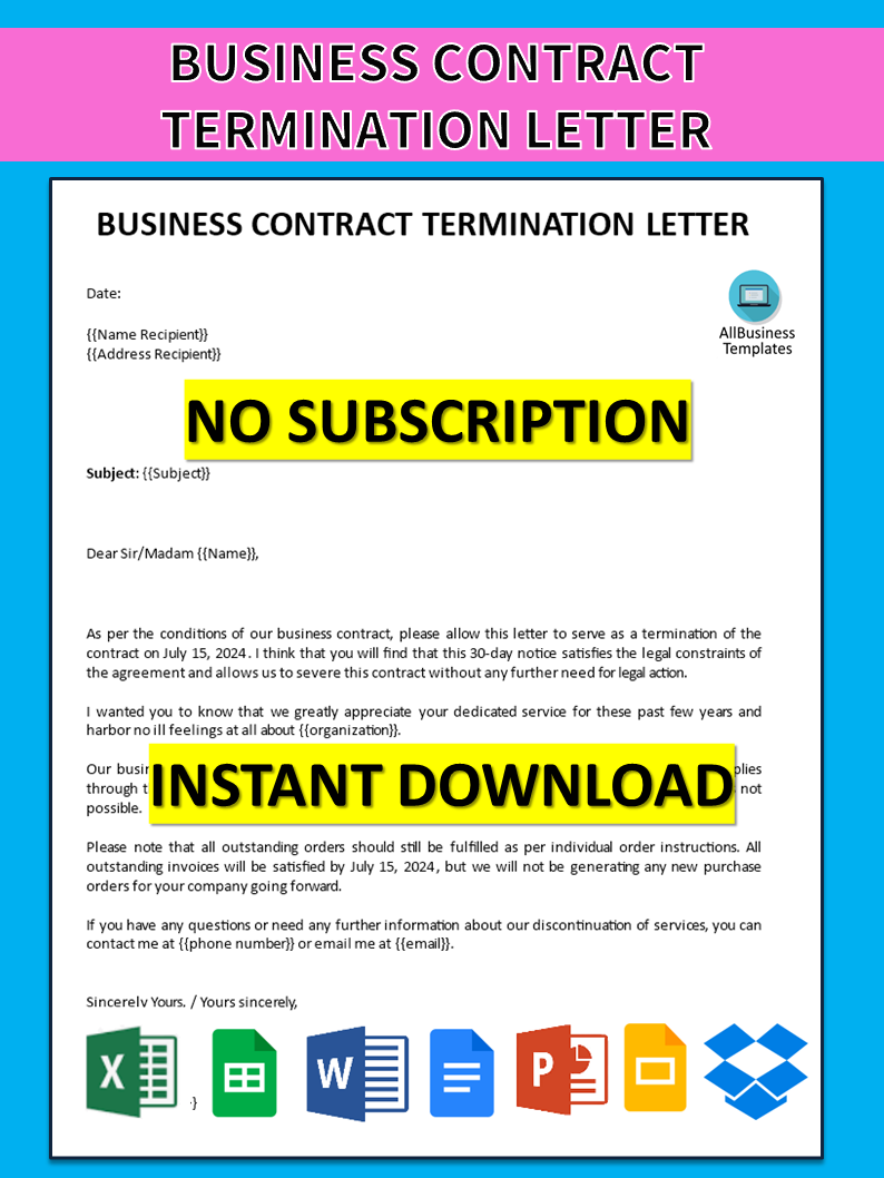 contract termination letter to stop business modèles