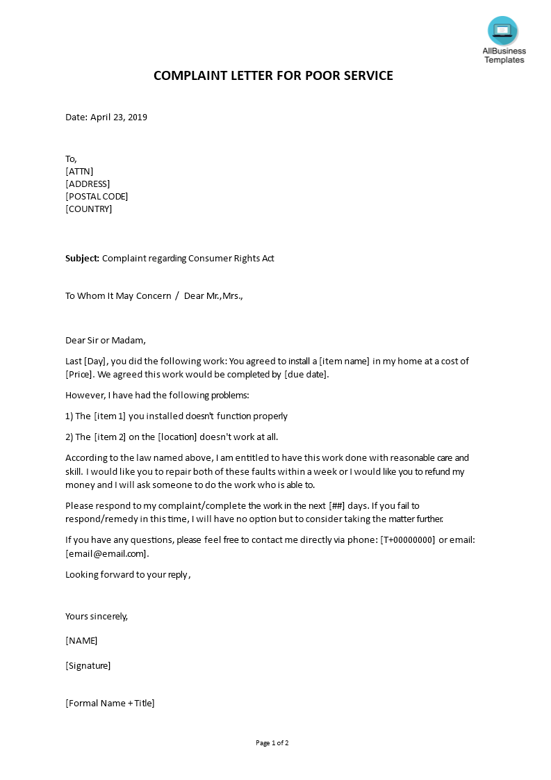  Sample Complaint Letter For Poor Service 