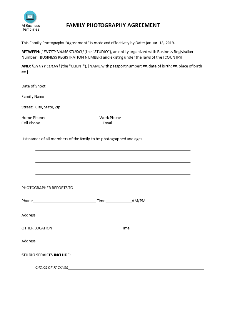 family photoshoot contract template