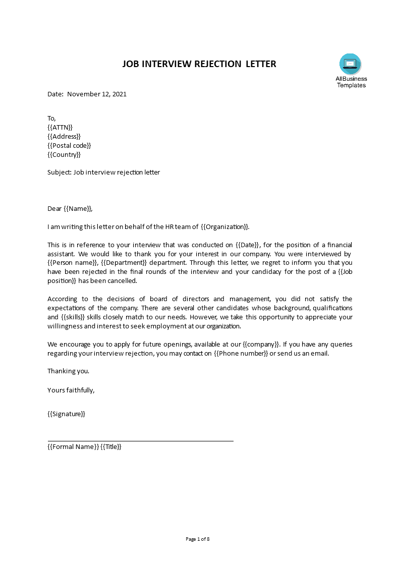 Kostenloses Job Interview Rejection Letter Sample