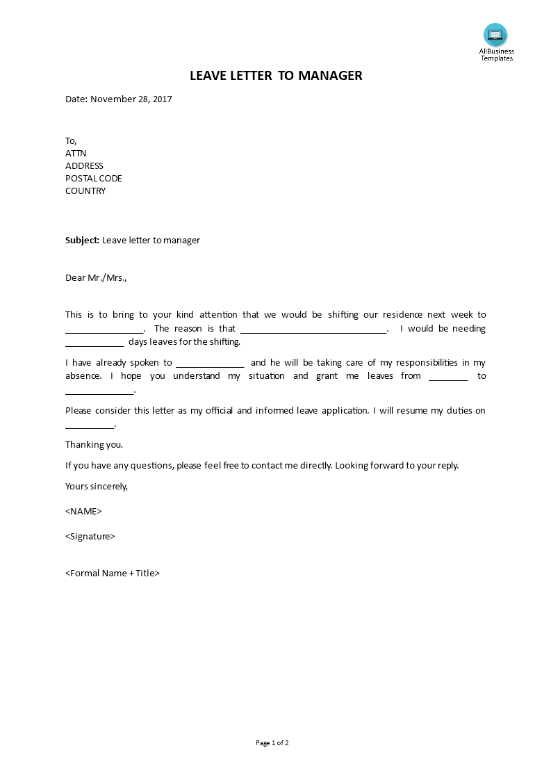 Leave Letter To Manager Templates At Allbusinesstemplates