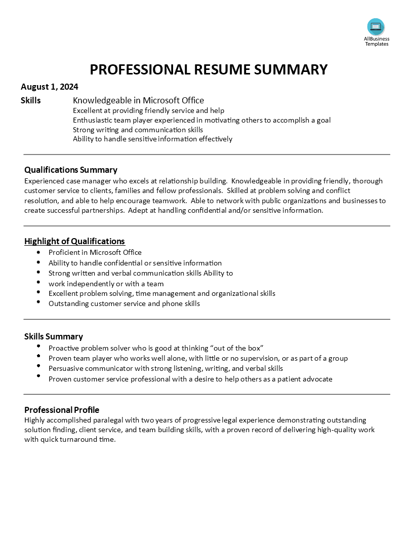 Resume Professional Summary | Templates at allbusinesstemplates.com