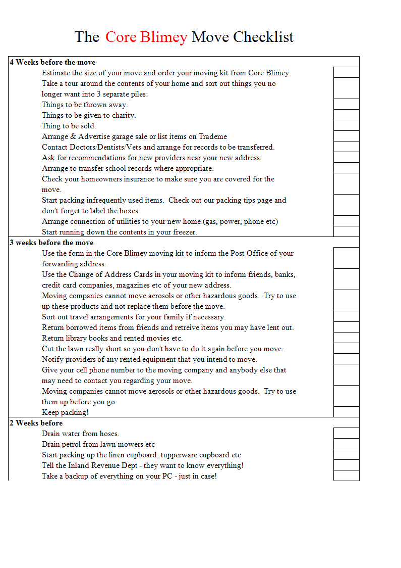 moving checklist template excel