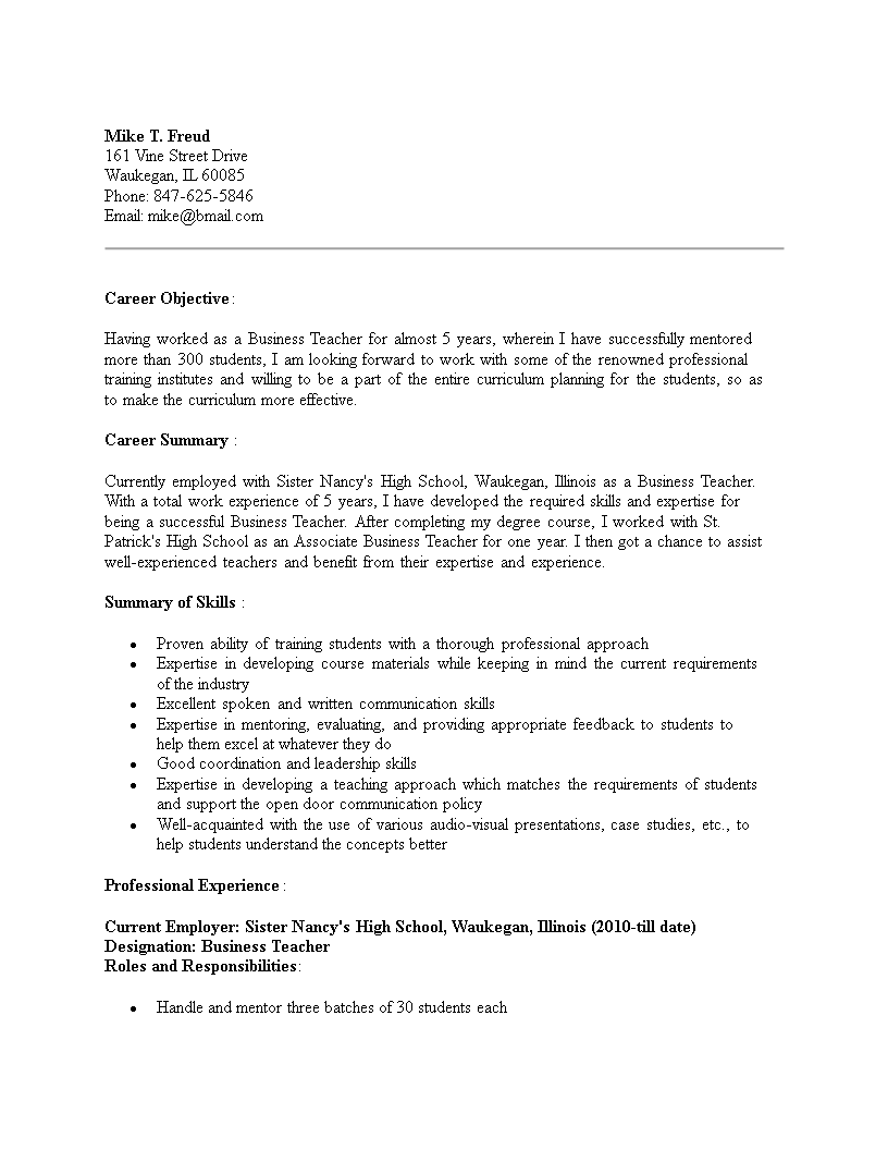 Kostenloses High School Business Teacher Resume Template