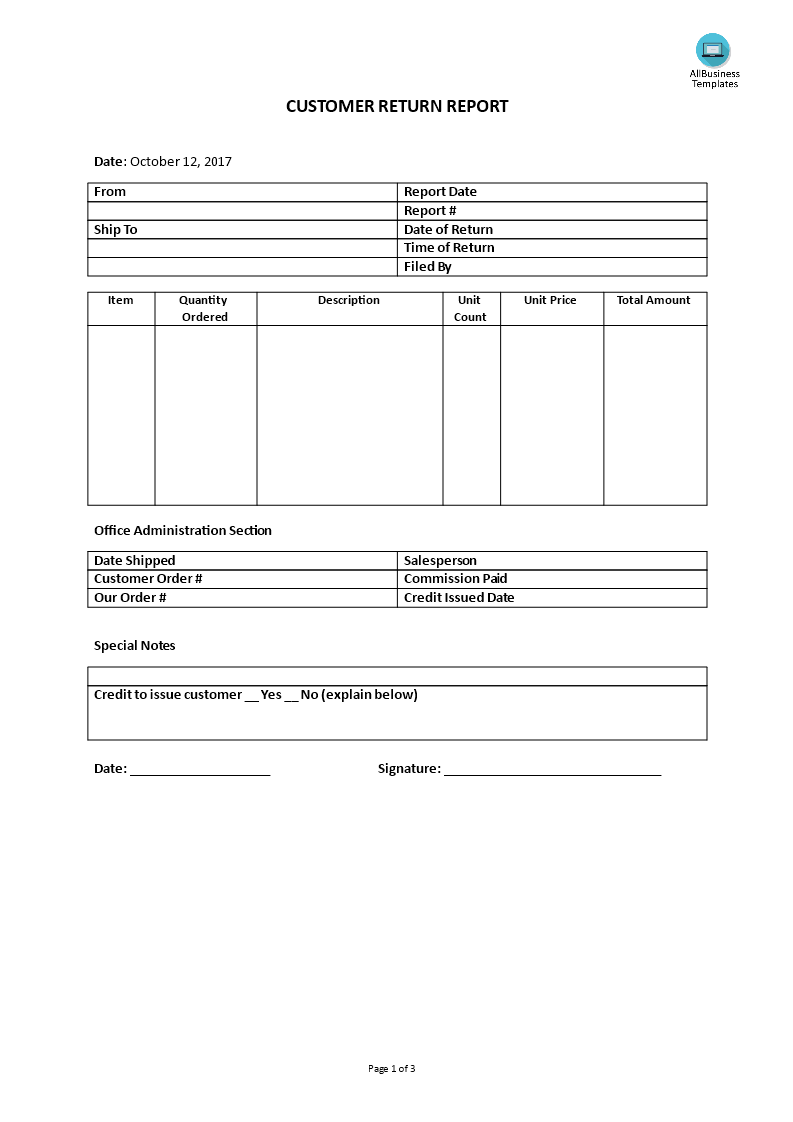 customer service - customer return report template