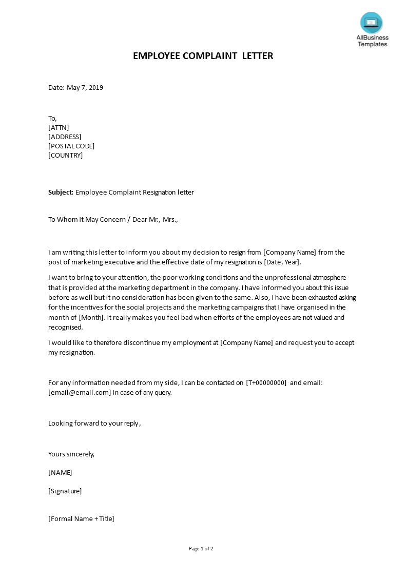 Marketing Executive Resignation Complaint Letter Templates At Allbusinesstemplates