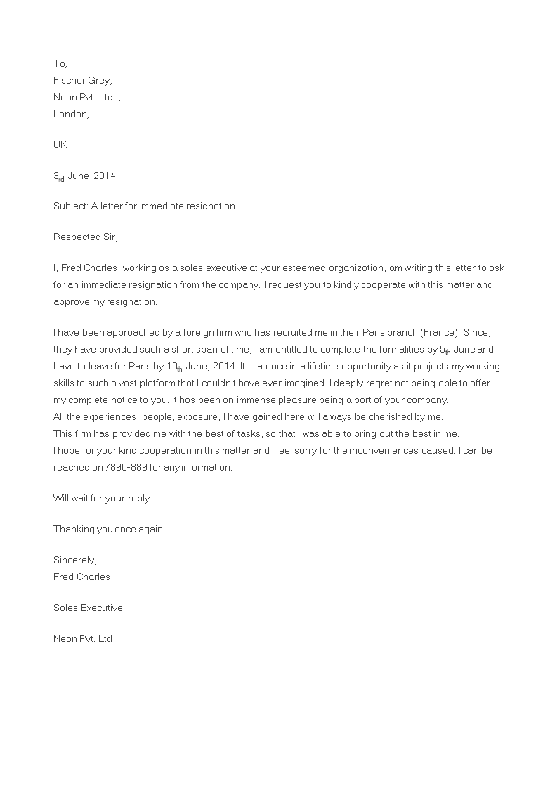 sales executive immediate resignation letter modèles