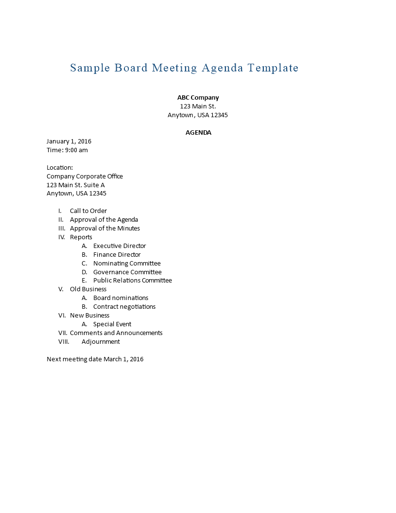 Board Meeting Agenda Outline 模板