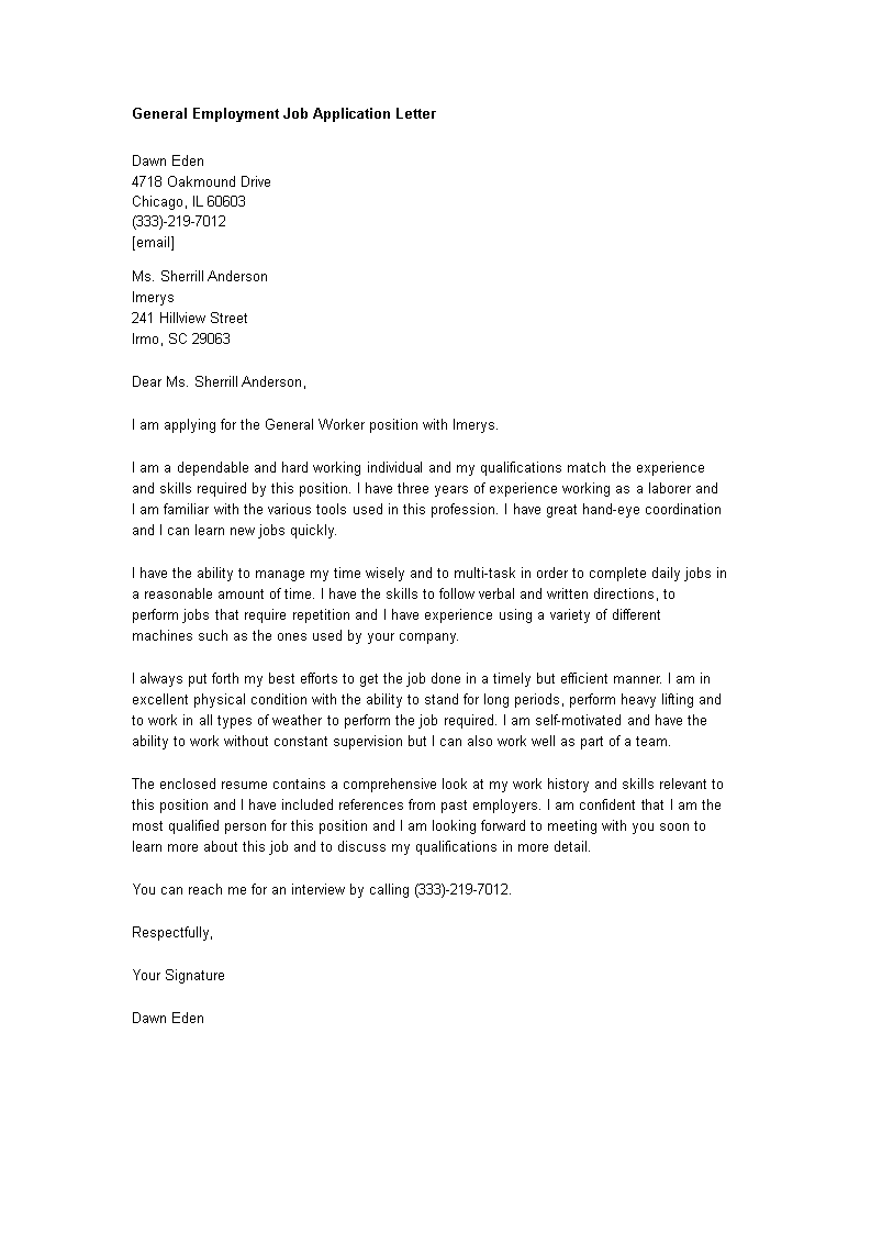sample of a general application letter for employment