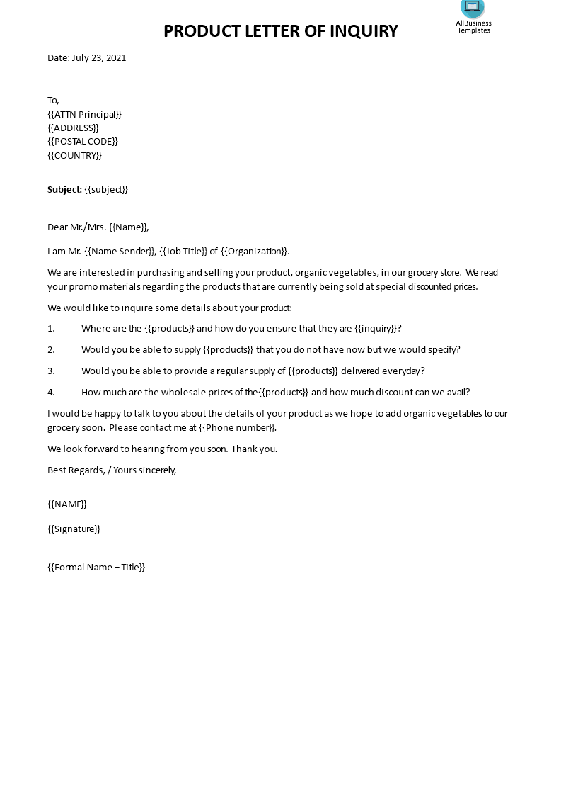 Kostenloses Product Inquiry Letter