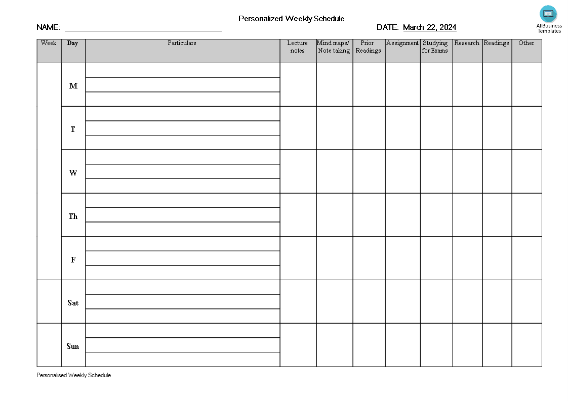 Personalised Weekly Schedule | Templates at allbusinesstemplates.com