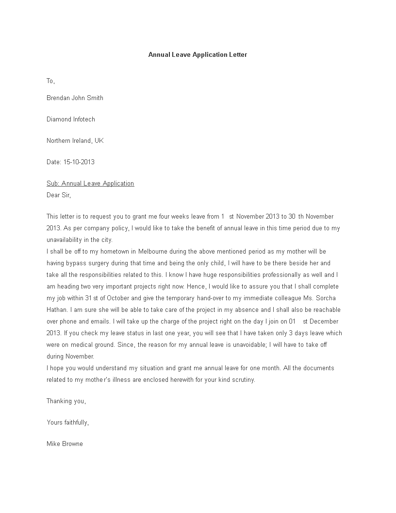examples of application letter for annual leave