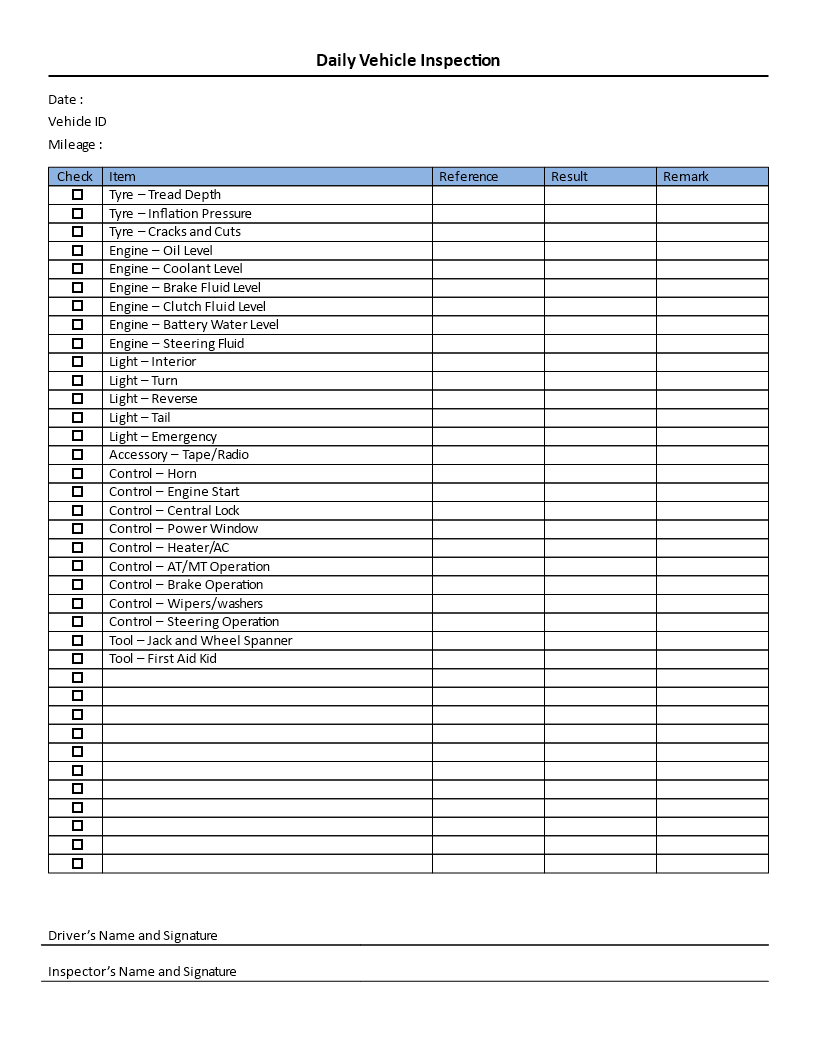 Printable Daily Vehicle Inspection Checklist Template Free Printable 