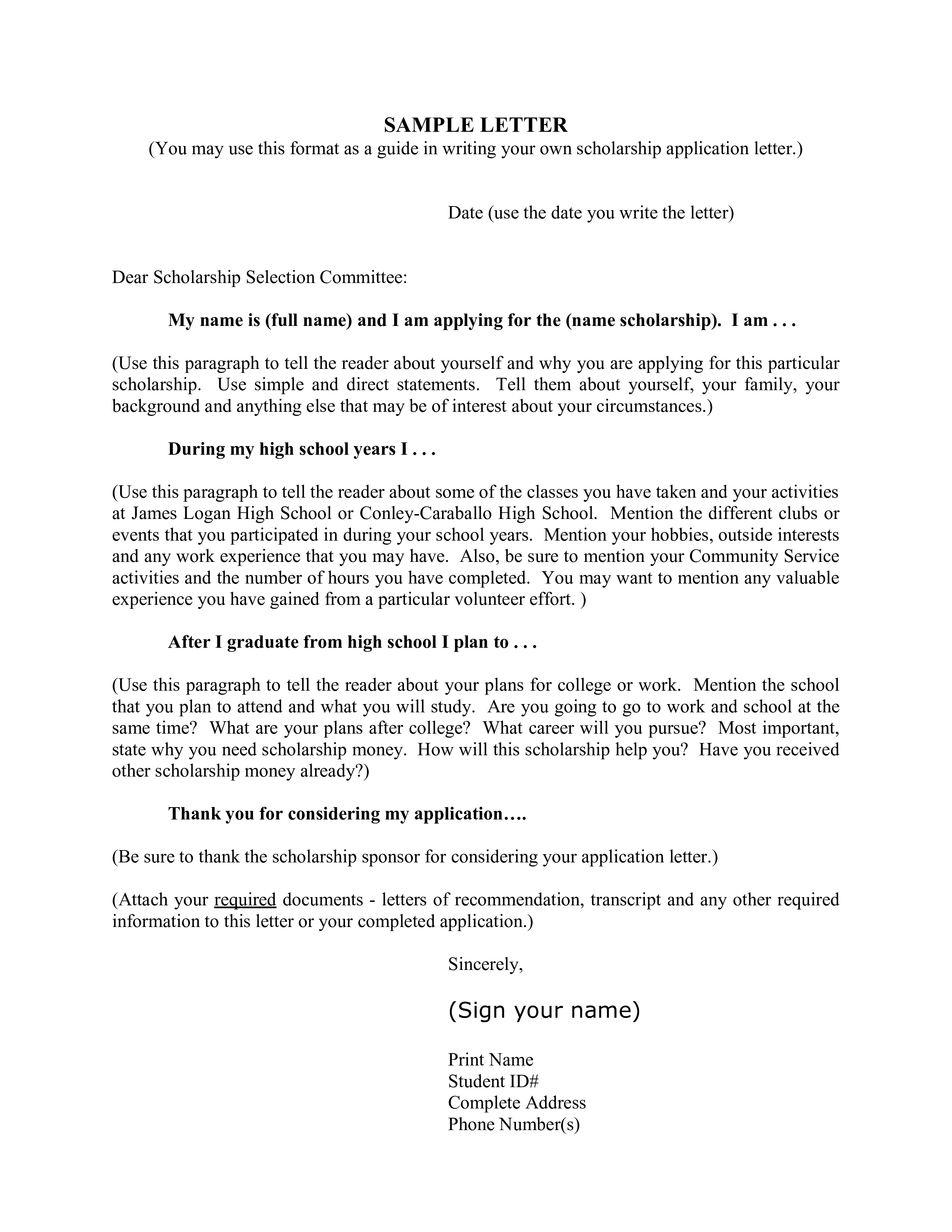 cover letter for a scholarship sample