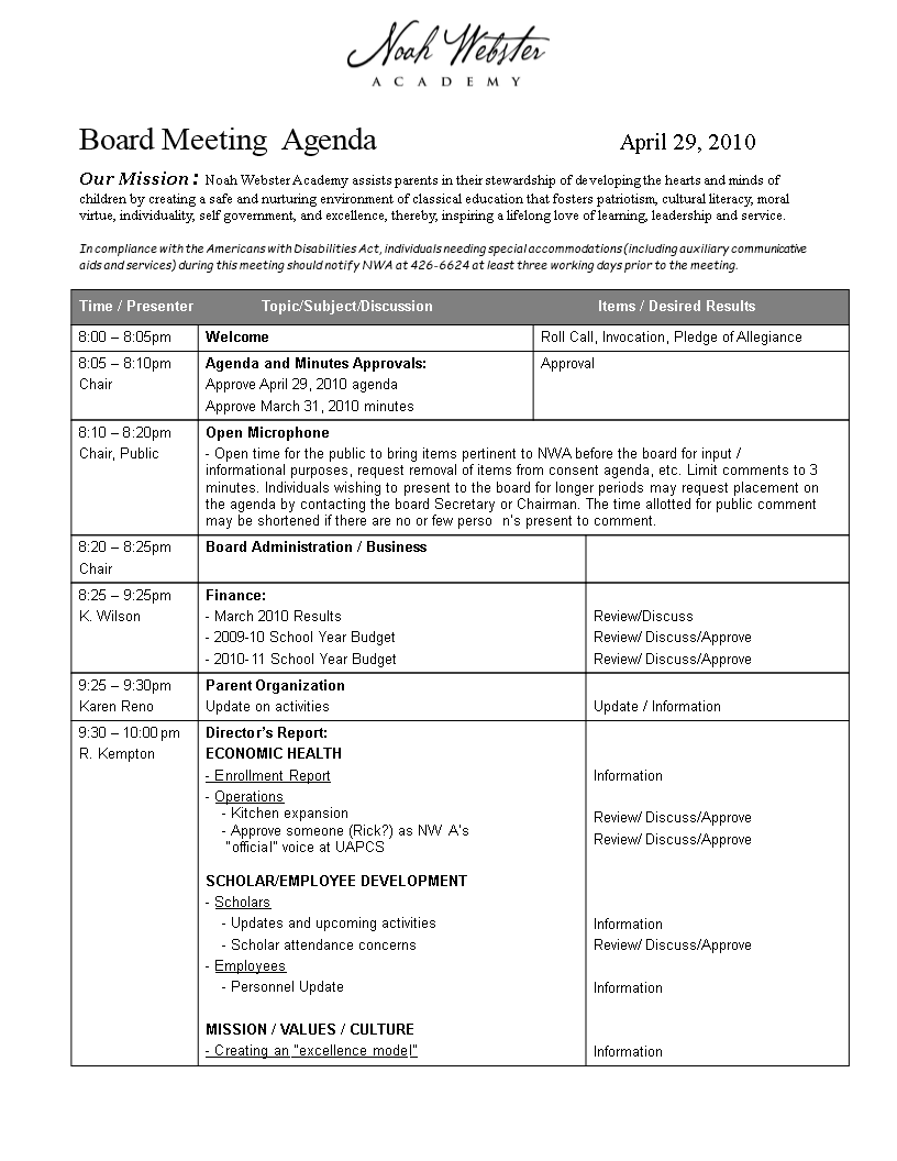 board meeting agenda template word