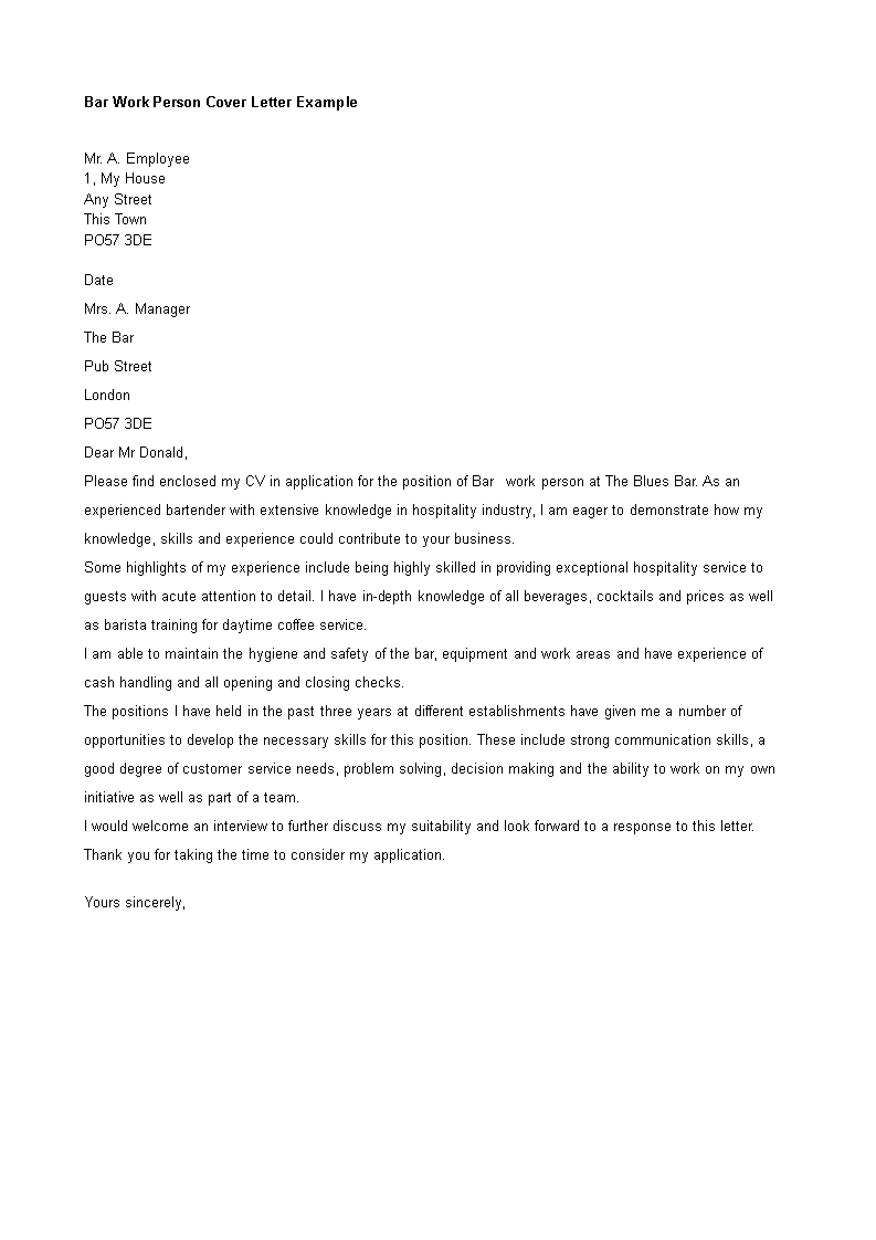 application letter for bar staff