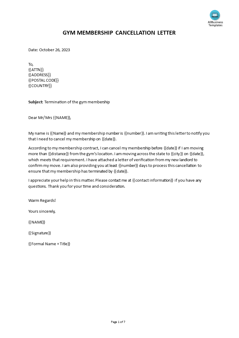 Gym Membership Termination Letter | Templates at allbusinesstemplates.com