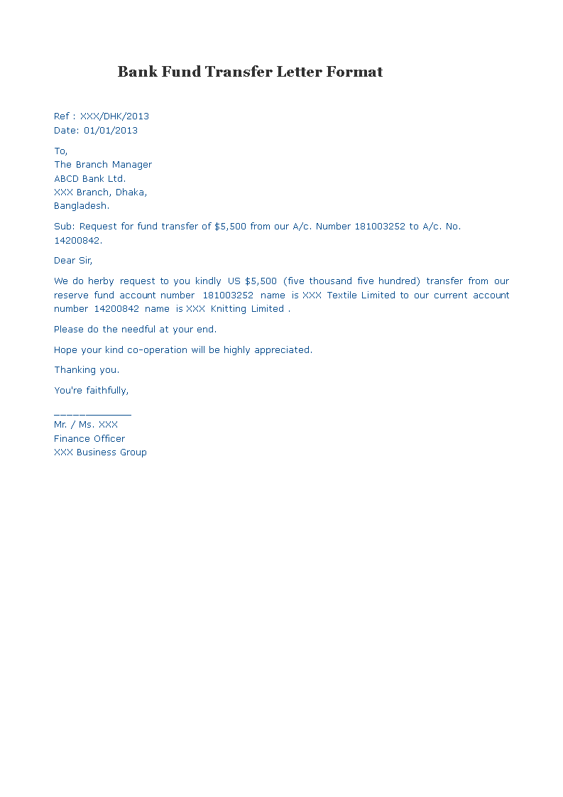 Bank Fund Transfer Letter Format Templates At Allbusinesstemplates