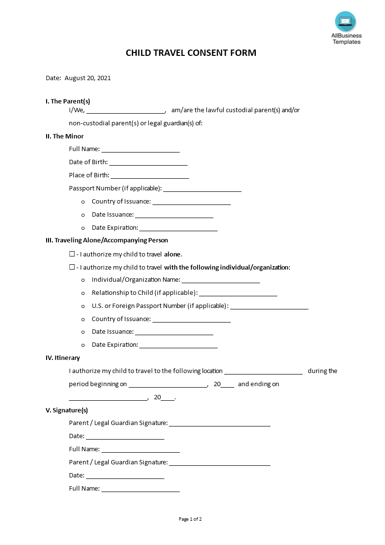  Child Travel Consent Form Allbusinesstemplates