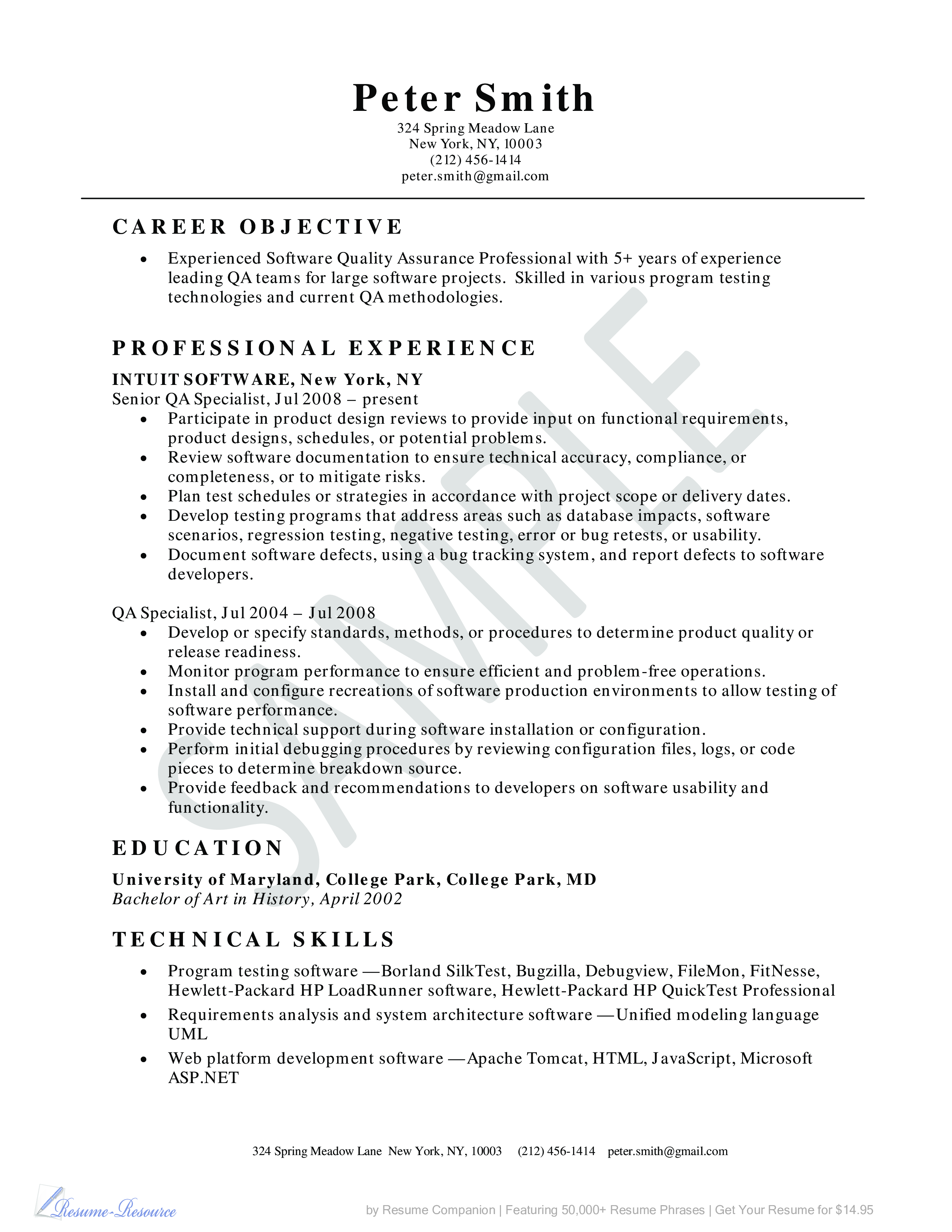 resume format for quality assurance