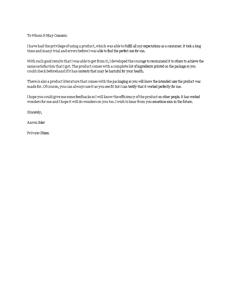 product recommendation letter template