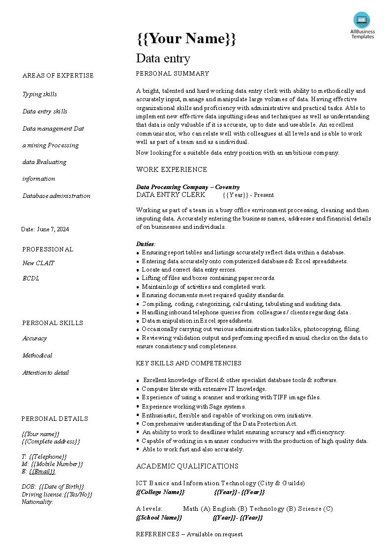 Data Entry Specialist Resume main image