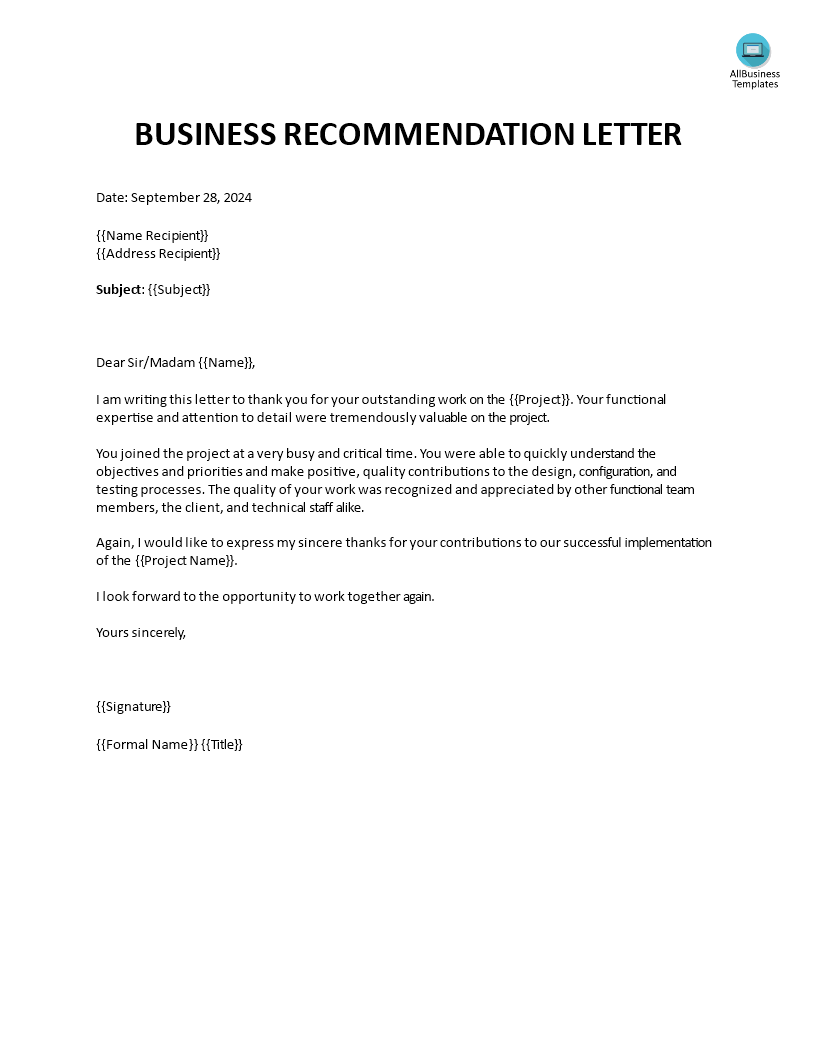 business recommendation letter format plantilla imagen principal