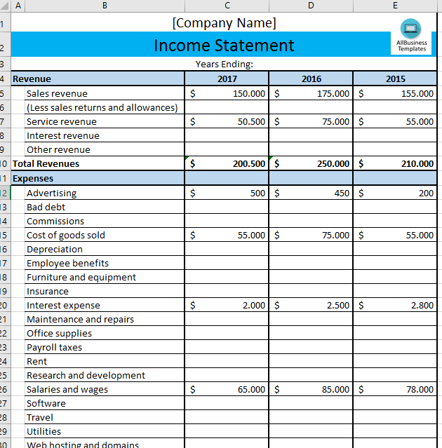 Business Income Statement 模板