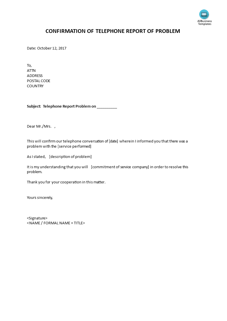 confirmation of telephone report of problem voorbeeld afbeelding 