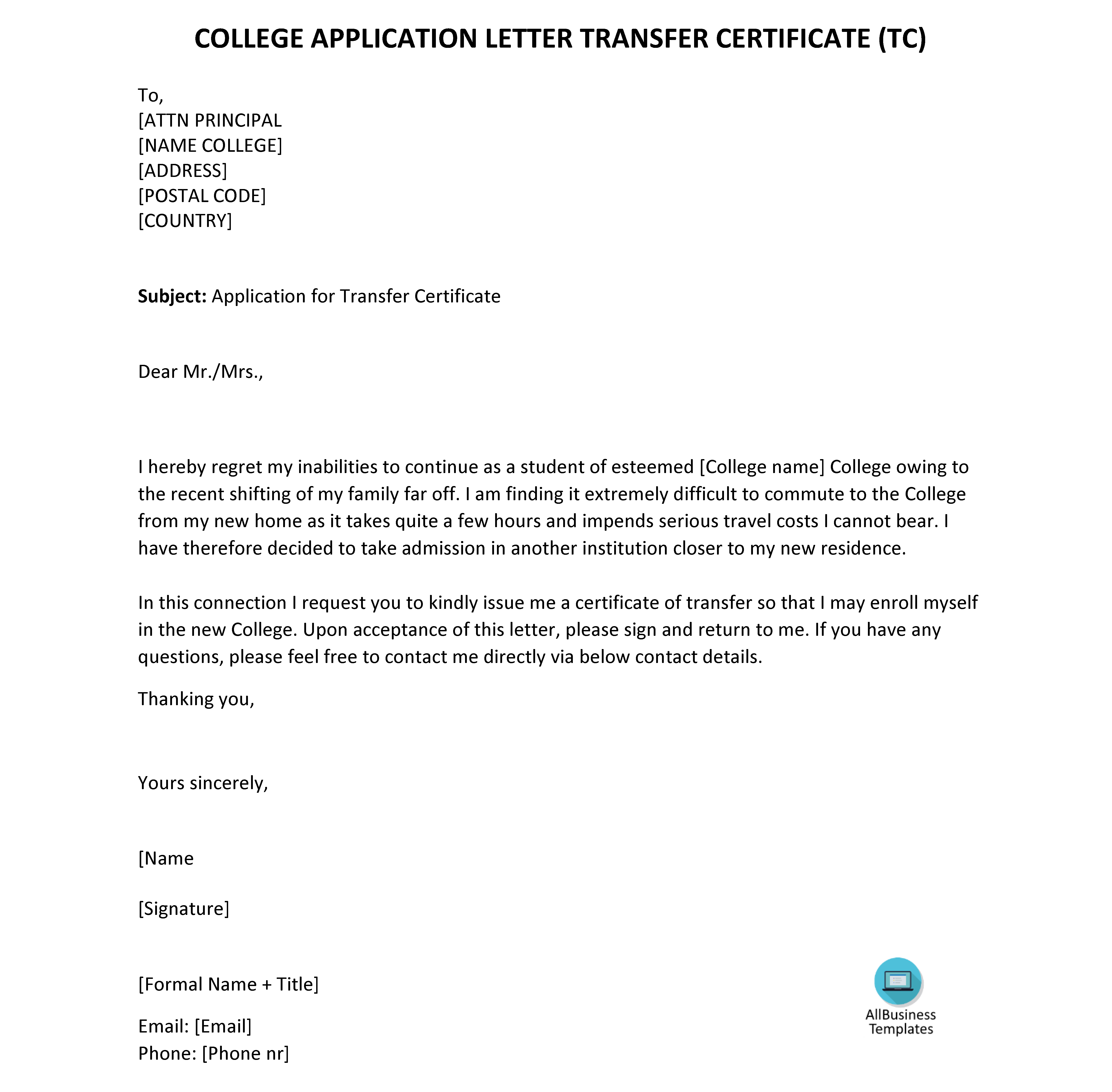 Application Letter College Transfer Certificate Templates At 