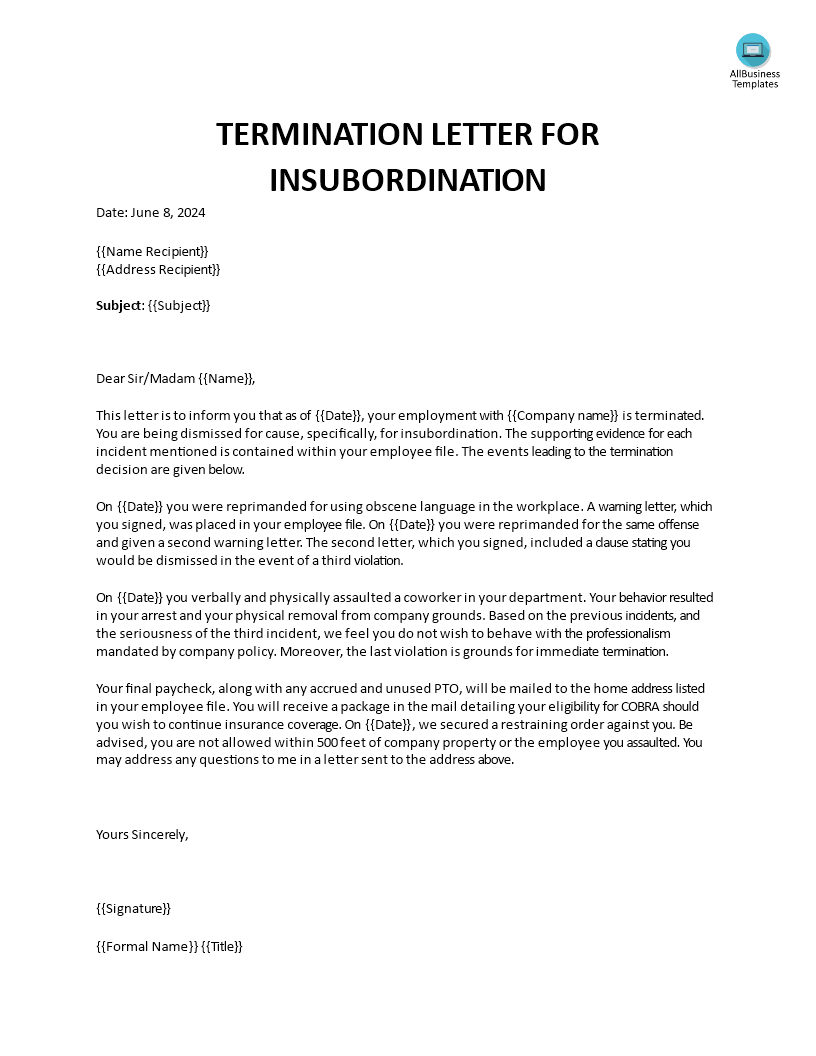Termination Letter For Insubordination 模板
