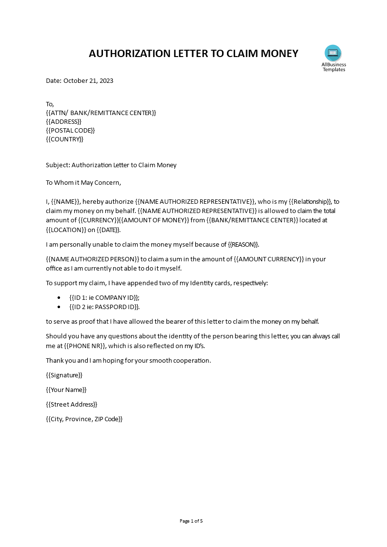 authorization letter to claim money plantilla imagen principal