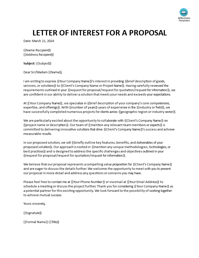 Letter Of Interest For Proposal Templates At 8813