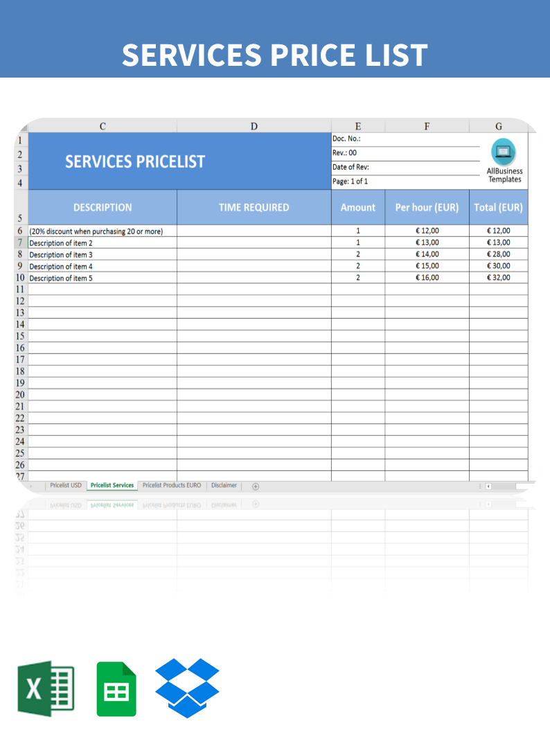 Kostenloses Price List For Services Template