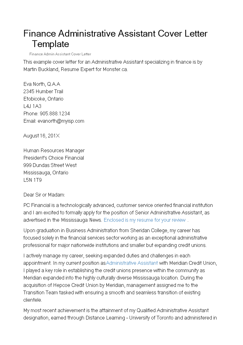 finance assistant cover letter no experience